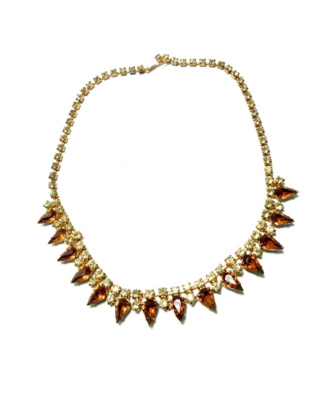 Vintage 1950-1960's Gold Tone Amber Teardrop and Rhinestone Neclace